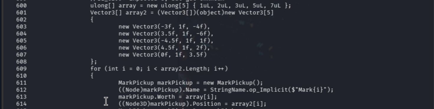 Main.cs showing five collectible Worth values assigned as 1, 2, 3, 5, 7